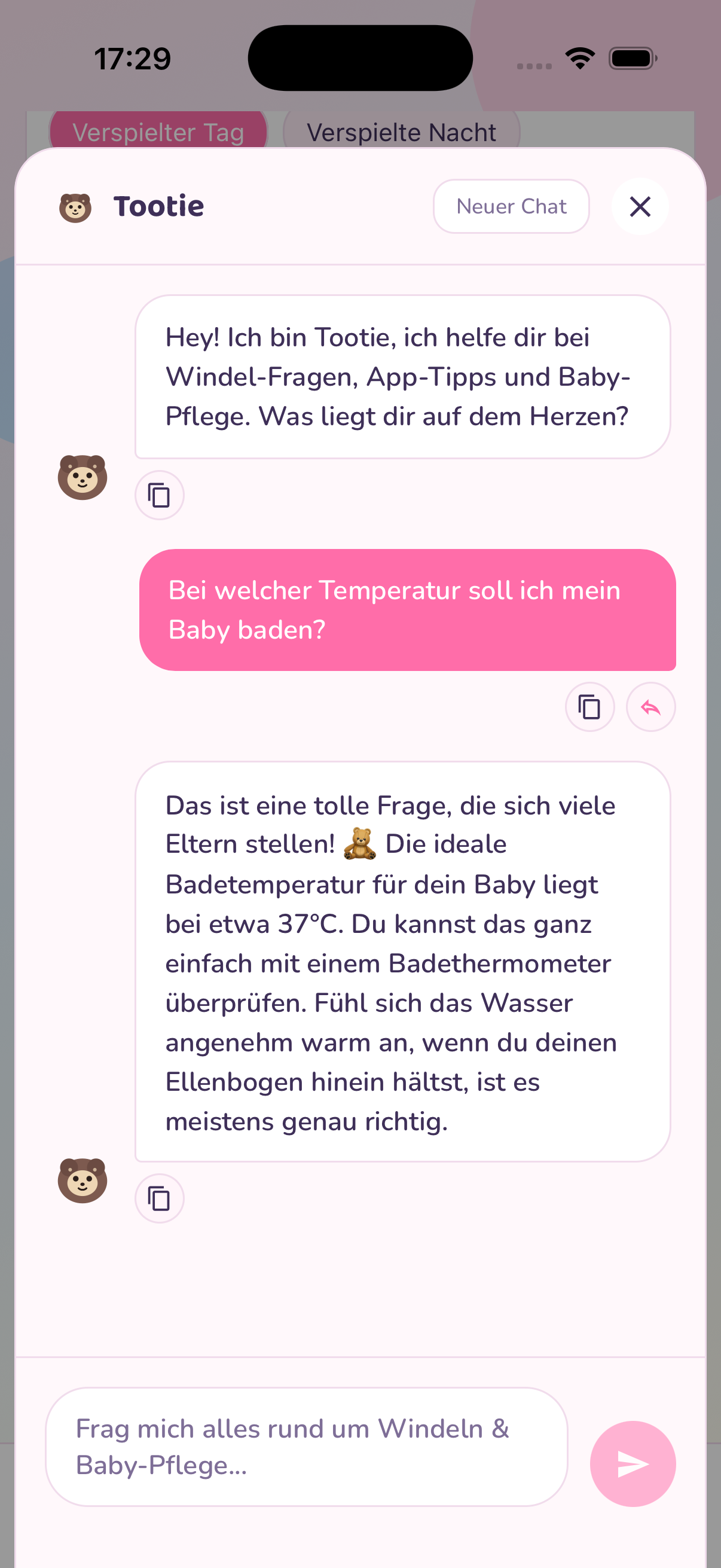 Windeltracker-KI-Chat mit einer Empfehlung zum nächsten Windelgrößenwechsel.