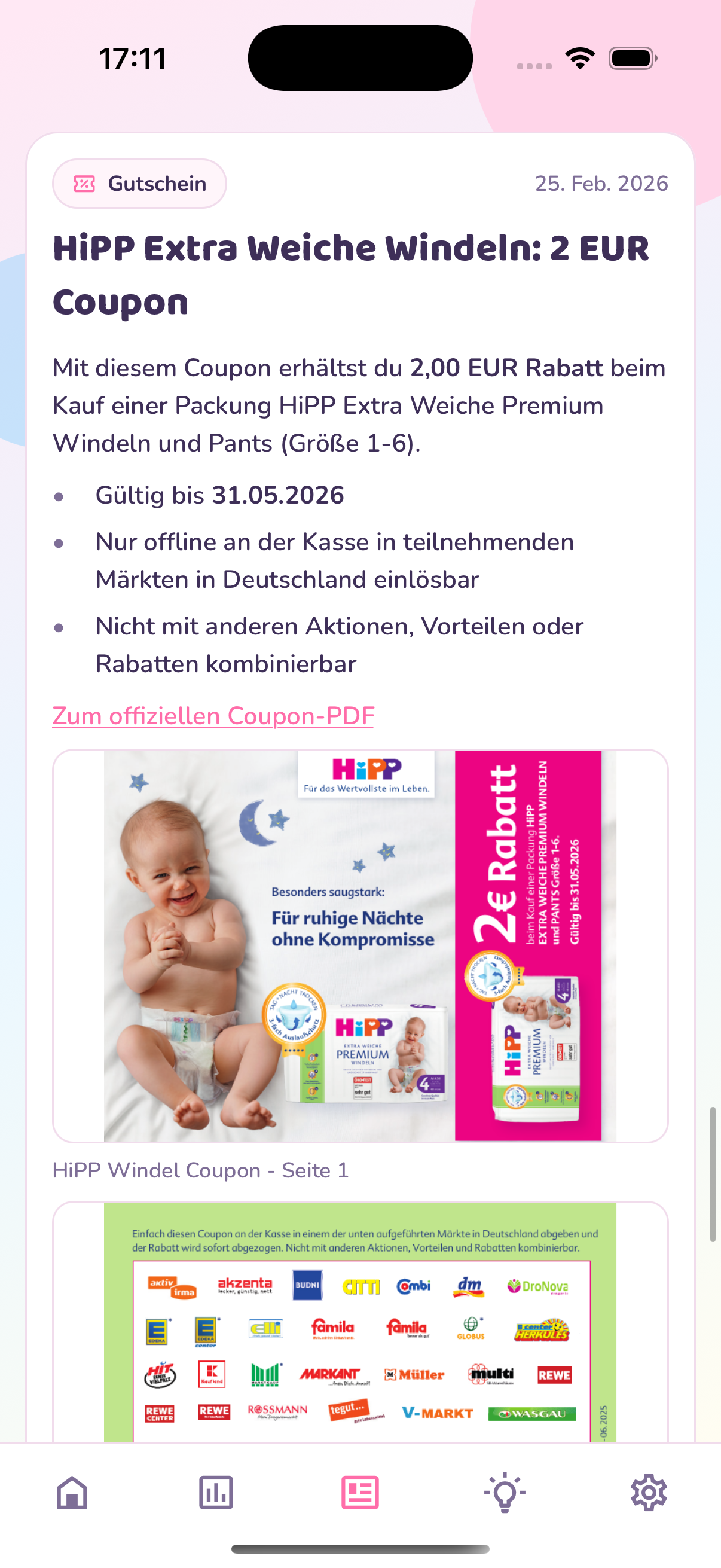 Windeltracker-Gutscheinansicht mit gespeicherten Coupons für Windelmarken.