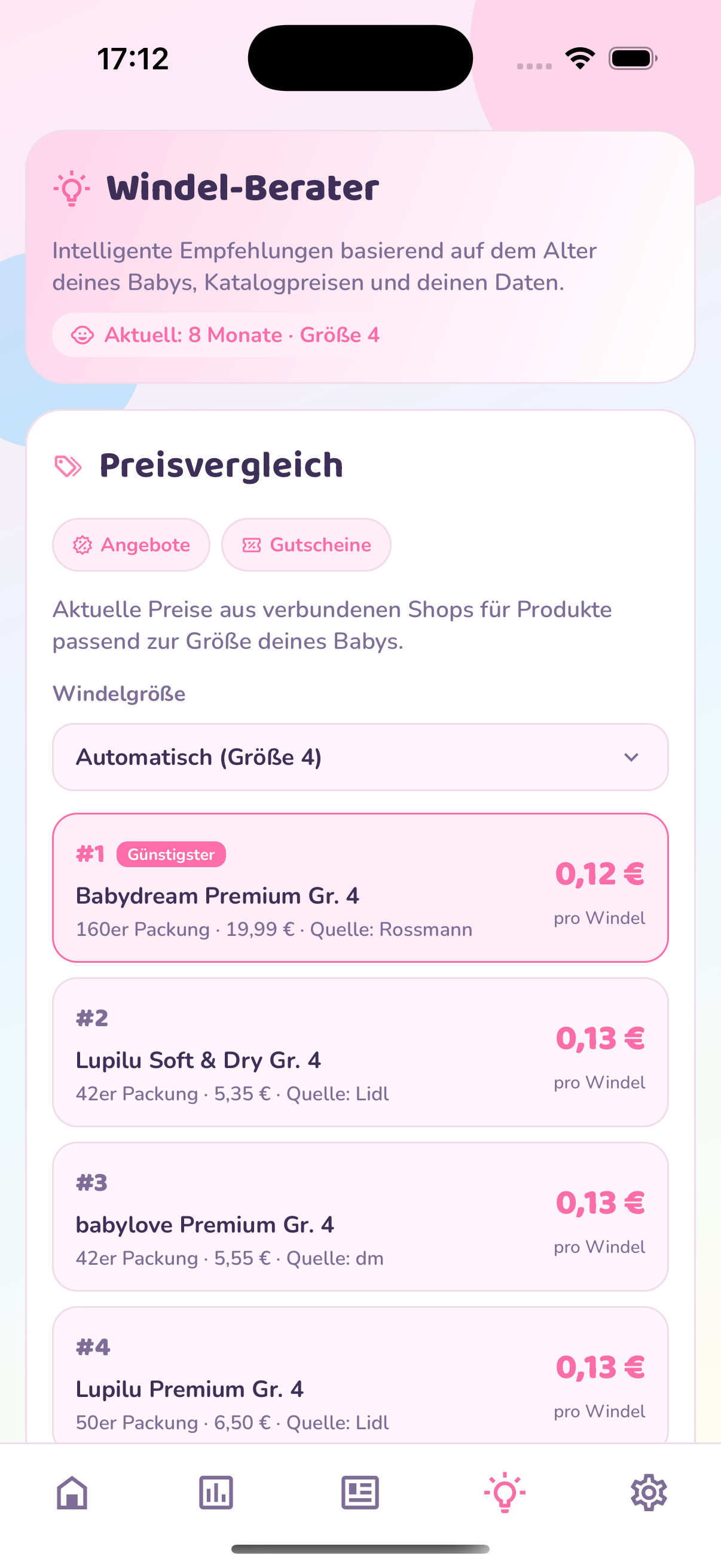 Windeltracker-Preisvergleich mit Kosten pro Windel über mehrere Produkte hinweg.