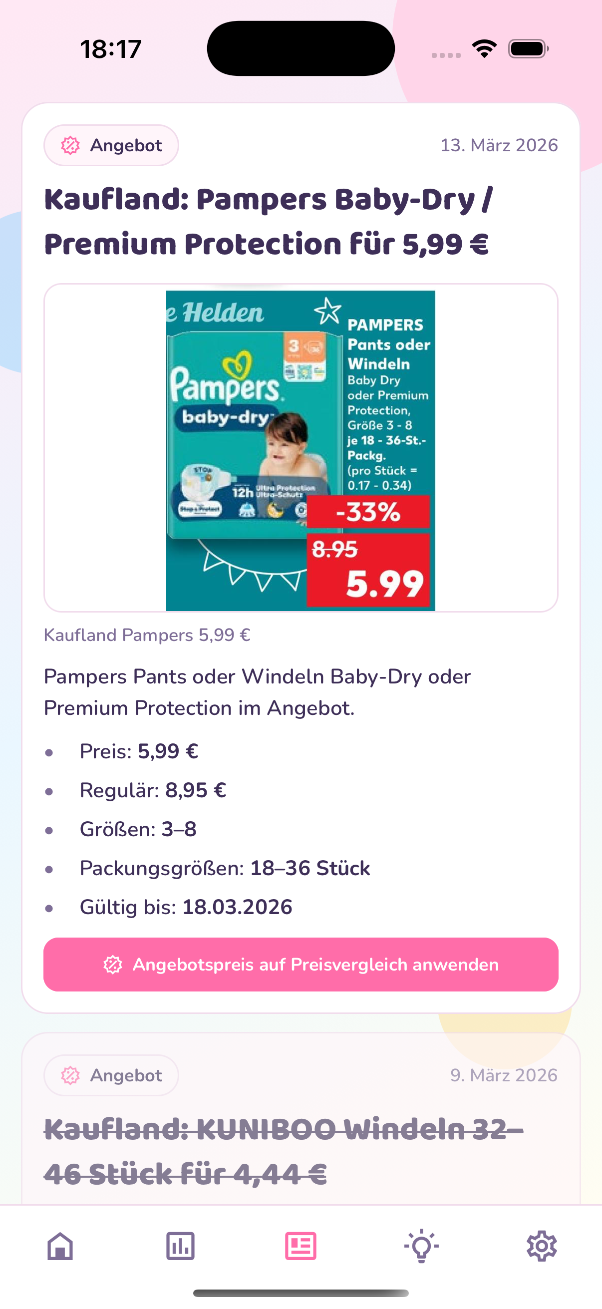 Windeltracker-Angebotsansicht mit aktuellen Deals und Benachrichtigungen.